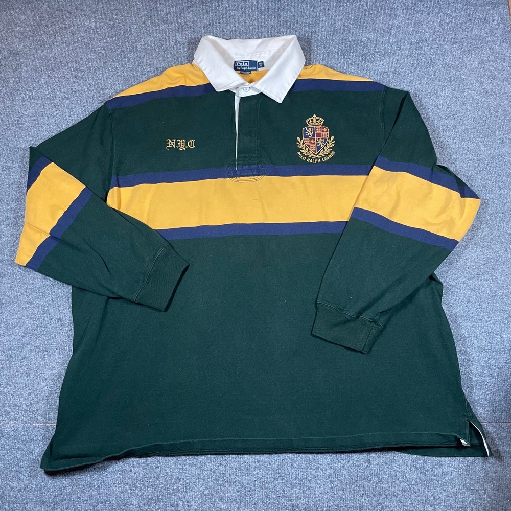 Polo Ralph Lauren Rugby Shirt Mens 5XL Big Green Striped Crest NYC Long Sleeve